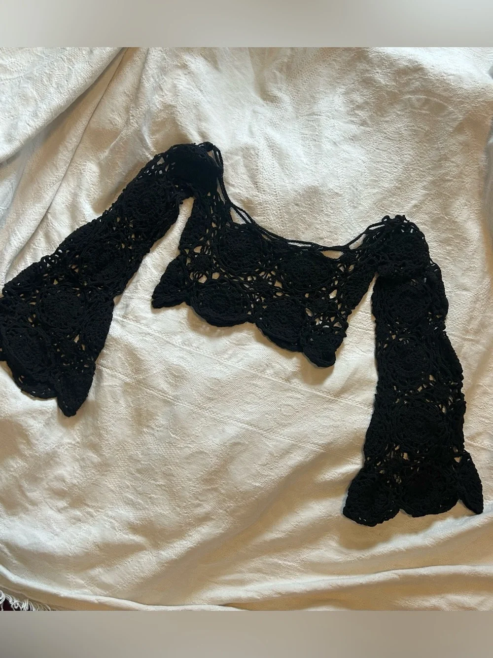 NWOT Handmade Crochet Bell Sleeve Cropped Festival Top - Black, size XS-M